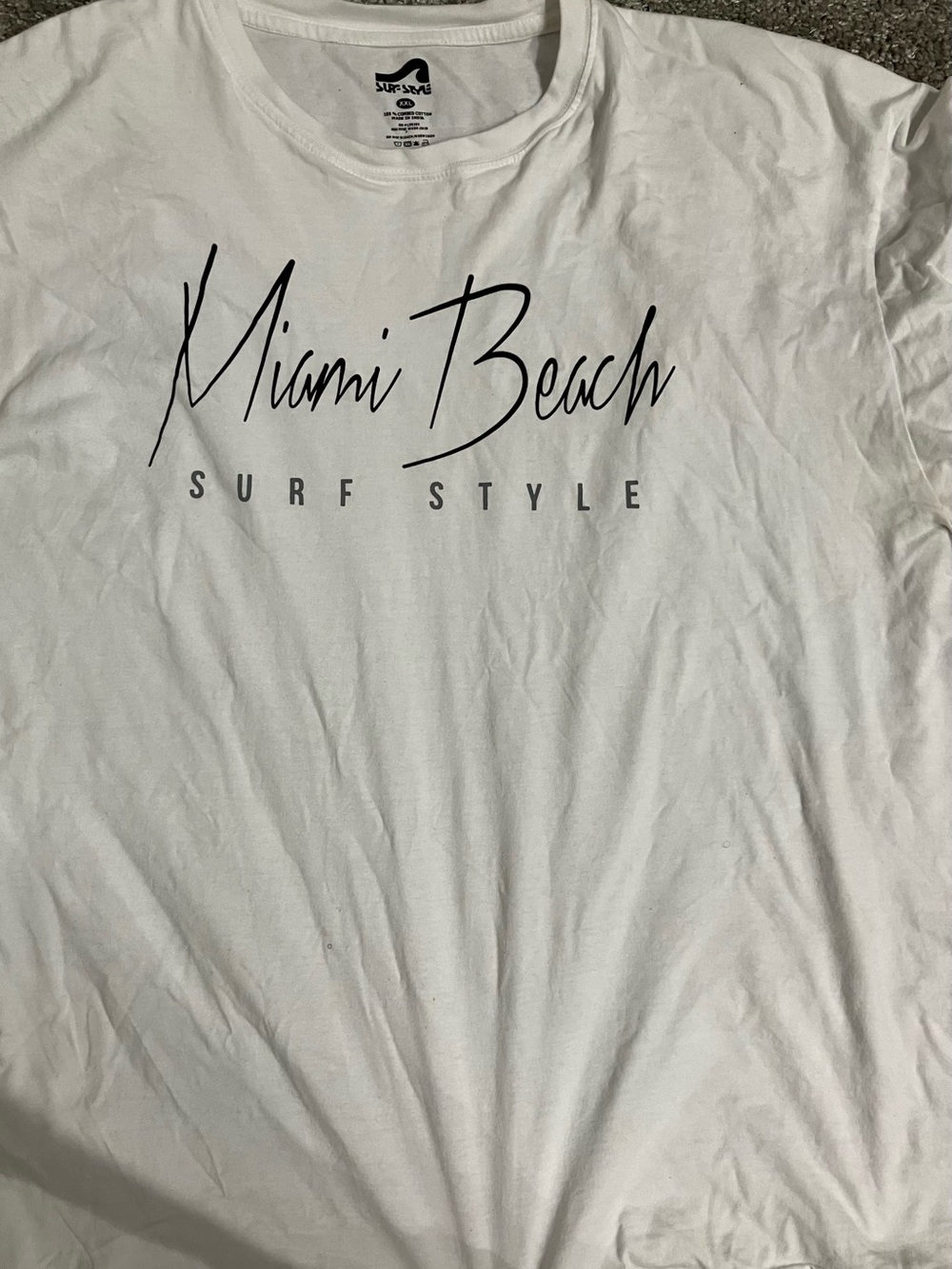 surf style White Men's 'Miami Beach' Graphic Tee with Black Print